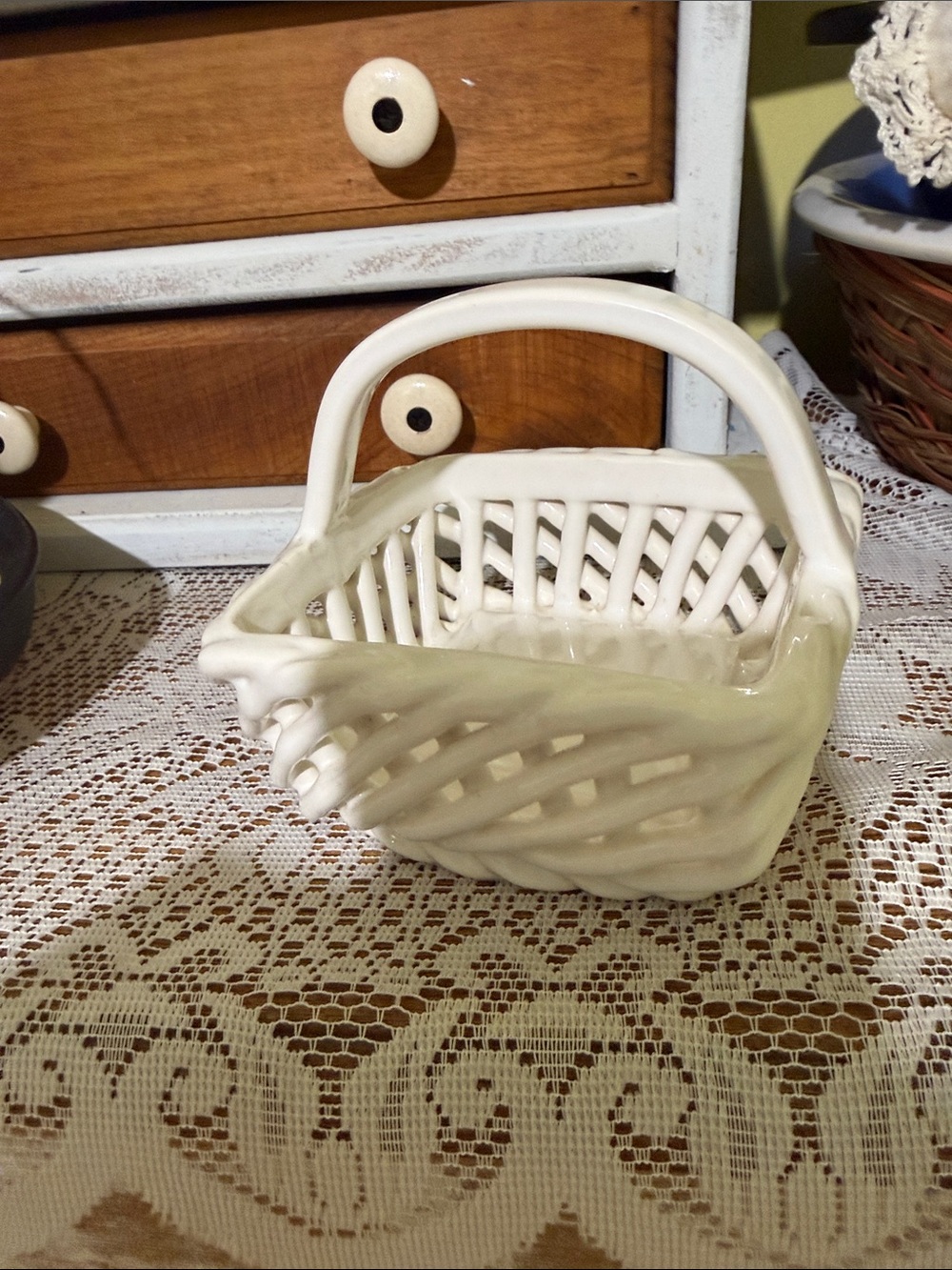 vintage white ceramic woven lattice basket mini